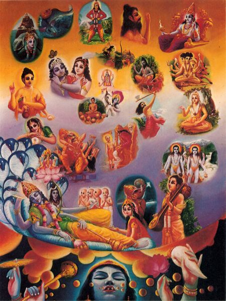 Of the innumerable incarnations of the Lord the twenty-two most prominent ones are are shown here in this painting.